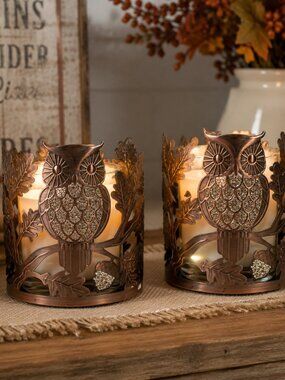 Bath & Body Works Retired Owl Acorn Single Wick Candle Holder Set of 2